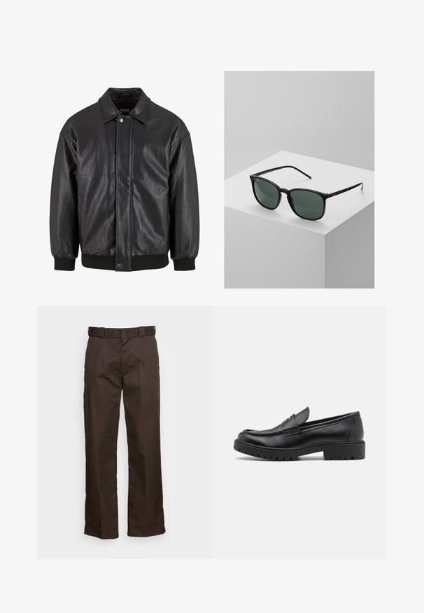 Melnas ādas jakas ar apkakles izvietojumu, priekšējo snap slēgšanu un ribotu aproču. Gluda tekstūra ar nedaudz brīvu piegriezuma dizainu.; Balts kokvilnas T-krekls ar īsām piedurknēm, apaļu kakla izgriezumu un brīvu piegriezumu. Gluda tekstūra bez redzamām rakstu vai akcentu detaļām.; Brūni bikses ar taisnu kāju griezumu, ar platu priekšu, jostu cilpiņām un gludu tekstūru. Vienkārša dizaina bez rakstiem vai akcentiem.; Melni ādas loafers ar noapaļotu pirkstu, viegli uzvelkami, un biezu gumijas zoli ar teksturētu saķeri. Pacelta papēža un diskrētas šuvju detaļas.; Melnas taisnstūrveida saulesbrilles ar tumši zaļiem stikliem, ar vieglu plastmasas rāmīti un sudraba akcentiem uz tempļiem.