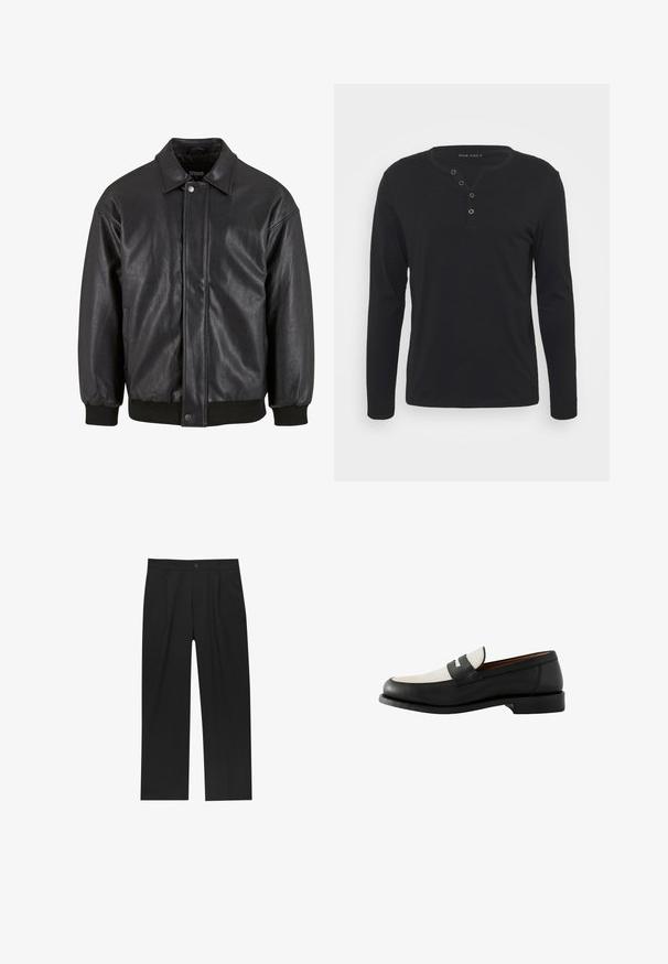 Giacca in pelle nera con collo a giro, chiusura frontale a bottoni a pressione e polsini a coste. Texture liscia con un design leggermente oversize.; Maglietta nera a maniche lunghe tipo henley, realizzata in tessuto morbido, con patta bottonata, scollatura rotonda e maniche aderenti.; Pantaloni neri con un design a gamba dritta, realizzati in un tessuto liscio. Presentano pieghe frontali e una chiusura a un bottone in vita.; Next REGULAR FIT - Scarpe senza lacci - black and white