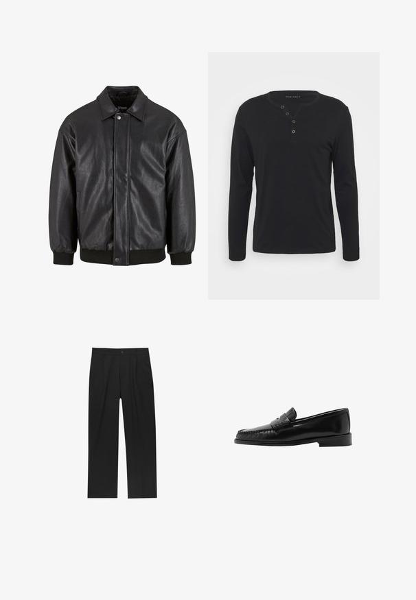 Crna kožna jakna s ovratnikom, prednjim kopčanjem na pritisak i rebrastim manžetama. Glatka tekstura s blagim oblikom koji je malo labaviji.; Crna duža majica s dugim rukavima, izrađena od mekog materijala, s dugmadi na plavoj, okruglim izrezom i prilagođenim rukavima.; Crne hlače ravnog kroja, izrađene od glatkog materijala. Imaju prednje nabore i jedan dugme na struku.; Mango LUISA - Obuća za navlačenje - black