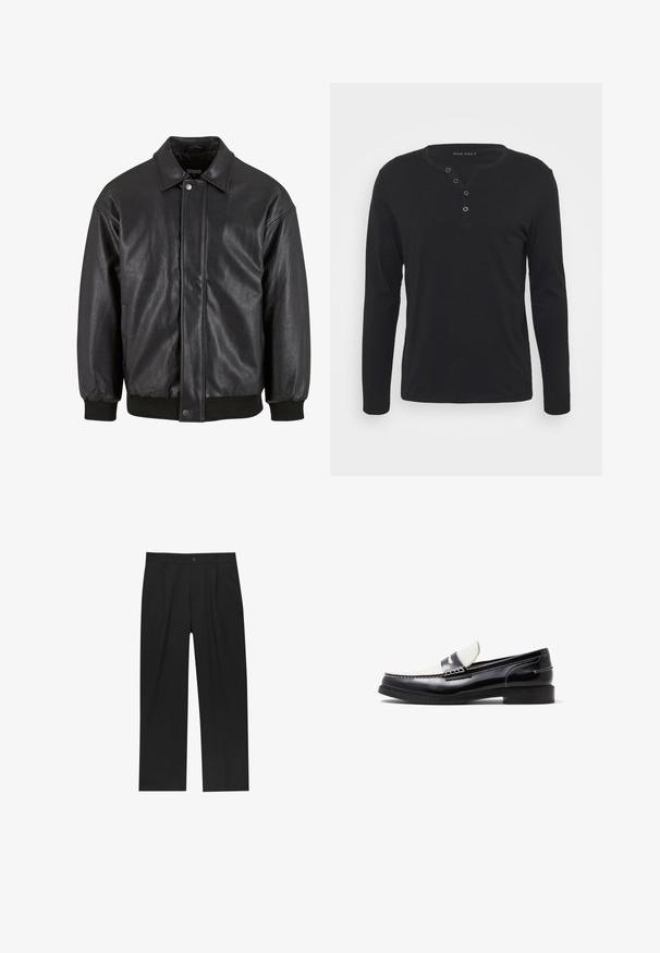 Czarna skórzana kurtka z kołnierzykiem, z przodu zapinana na zatrzaski oraz z żebrowanymi mankietami. Gładka struktura i delikatnie luźny krój.; Czarna, długosleeveowa koszula henley wykonana z miękkiego materiału, z zapięciem na guziki, okrągłym dekoltem i dopasowanymi rękawami.; Czarne spodnie o prostym kroju, wykonane z gładkiego materiału. Posiadają zakładki z przodu i pojedyncze zapięcie na guziki w pasie.; ALDO KIERAN czarny
