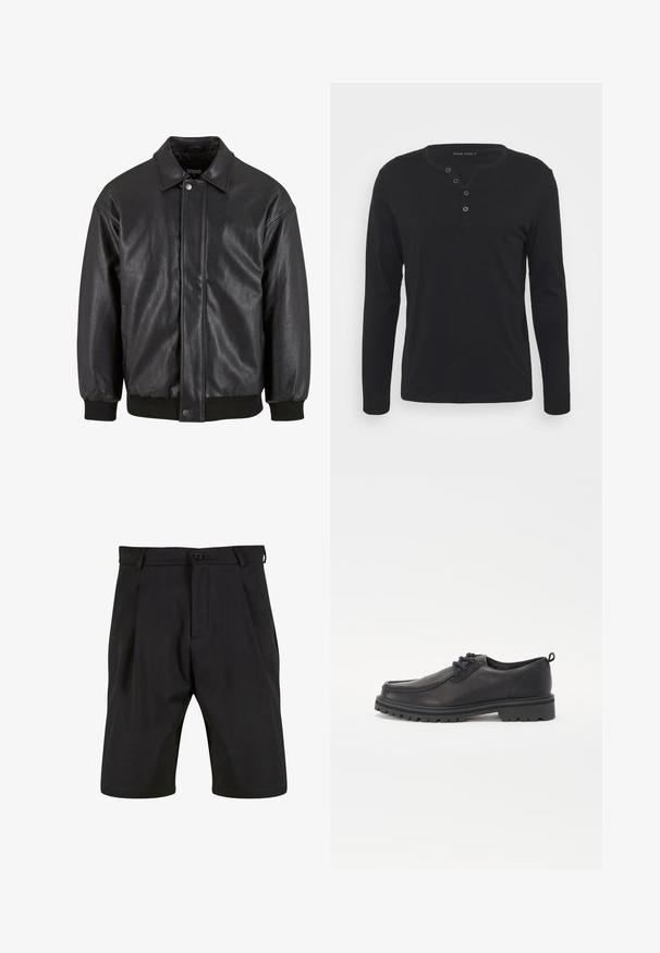 Črna usnjena jakna s ovratnikom, sprednjim zapiranjem na pritisni gumb in rebrastimi manšetami. Gladka tekstura z rahlo ohlapnim krojem.; Črna dolga majica s kratkimi rokavi henley iz mehkega blaga, ki ima gumbasto zaponko, okroglo ovratnico in oprijete rokave.; Črne kratke hlače iz gladkega materiala s krojem po meri, ki se zapirajo z gumbom spredaj, imajo naborke in stranske žepe.; Črne usnjene čevlje z zaobljenim nosom, teksturiranim šivom, nizkim profilom in gumijastim podplatom, ki ima globoke utore za oprijem.