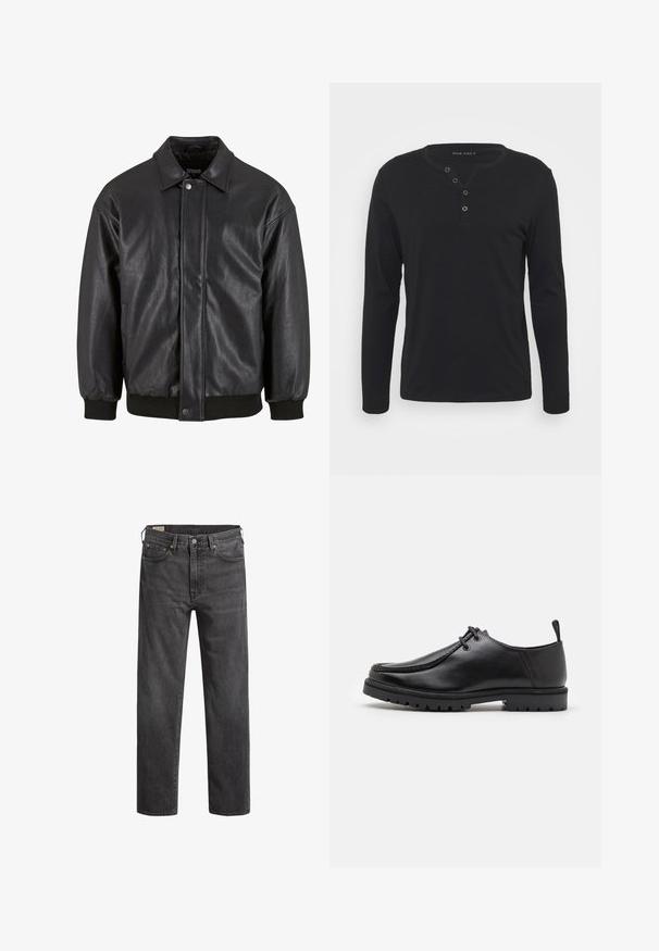 Veste en cuir noir avec col, fermeture à pression sur le devant et poignets côtelés. Texture lisse avec une coupe légèrement décontractée.; T-shirt henley noir à manches longues en tissu doux, avec une patte de boutonnage, un col rond et des manches ajustées.; Jean en denim gris foncé avec une coupe droite, cinq poches et des rivets en cuivre. Design classique avec une texture légèrement décolorée.; Chaussure en cuir noir à lacets avec une semelle robuste et une languette au talon, montrée de côté sur un fond blanc.