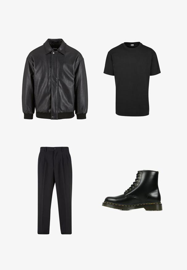 Giacca in pelle nera con collo a giro, chiusura frontale a bottoni a pressione e polsini a coste. Texture liscia con un design leggermente oversize.; Maglietta nera in cotone con colletto rotondo, maniche corte e orlo dritto. Texture liscia; design semplice e privo di decorazioni.; Pantaloni neri con design a pieghe sul davanti, realizzati in tessuto morbido. Presentano una chiusura con bottone e passanti per cintura; vestibilità a gamba dritta.; Stivaletto in pelle nera con punta rotonda, cuciture gialle, sei occhielli metallici e una suola robusta. Texture liscia con dettagli minimi.