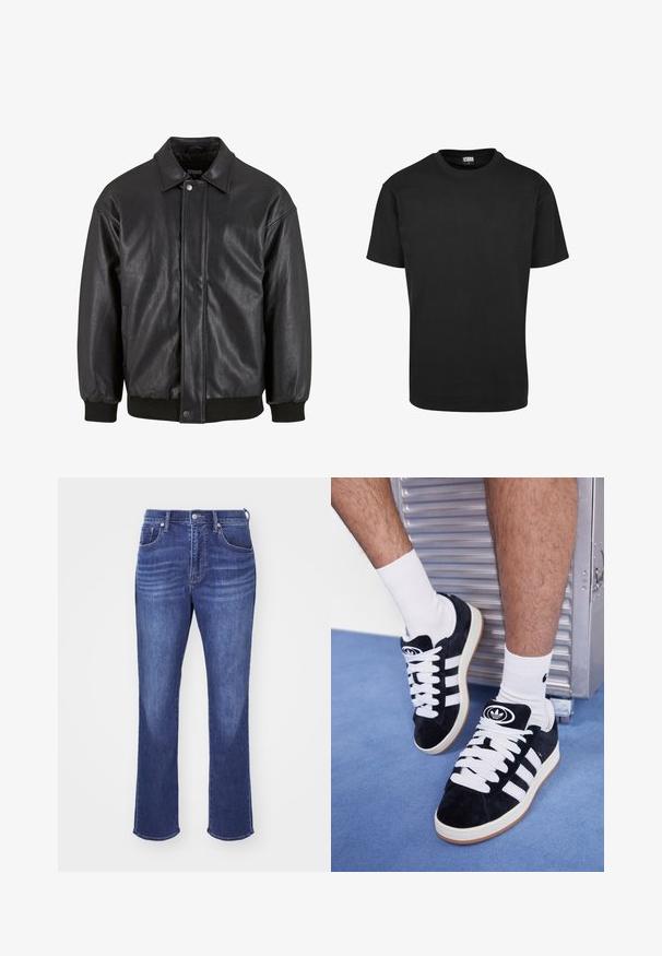 Črna usnjena jakna s ovratnikom, sprednjim zapiranjem na pritisni gumb in rebrastimi manšetami. Gladka tekstura z rahlo ohlapnim krojem.; Črna bombažna majica s krožno odprtino, kratkimi rokavi in ravnim robom. Gladka tekstura; preprost, nezakrit dizajn.; Modre kavbojke s ravnim krojem, ki imajo pet žepov, bakrene nitne zakovice in subtilno zbledelost na stegnih za teksturo.; Črne semiš teniske z belimi vezalkami in tremi belimi črtami. Imajo okroglo črno oznako na jezičku in gumijast podplat.