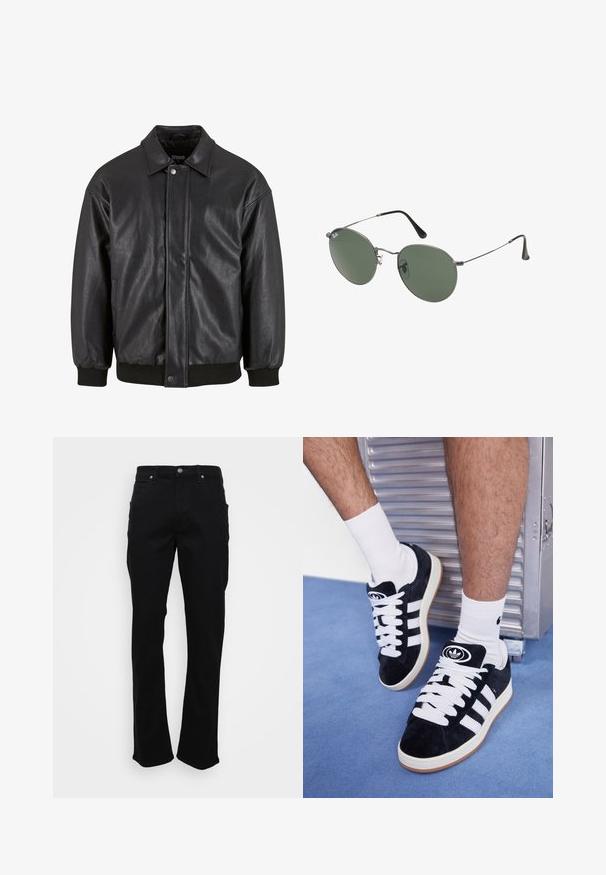 Chaqueta de cuero negra con cuello tipo solapa, cierre de presión en el frente y puños acanalados. Textura suave con un diseño ligeramente holgado.; Camiseta de algodón negra con cuello redondo, mangas cortas y dobladillo recto. Textura suave; diseño sencillo y sin adornos.; Jeans rectos negros con bolsillos frontales, presillas para cinturón y cierre de botón sobre un fondo blanco.; Zapatillas de ante negras con cordones blancos y tres rayas blancas. Presentan un logotipo circular negro en la lengüeta y una suela de goma color caramel.; Gafas de sol con marco de metal y lentes ovalados verdes. Marco delgado de metal plateado y puntas de las orejas negras. Diseño minimalista, sin logotipos visibles.