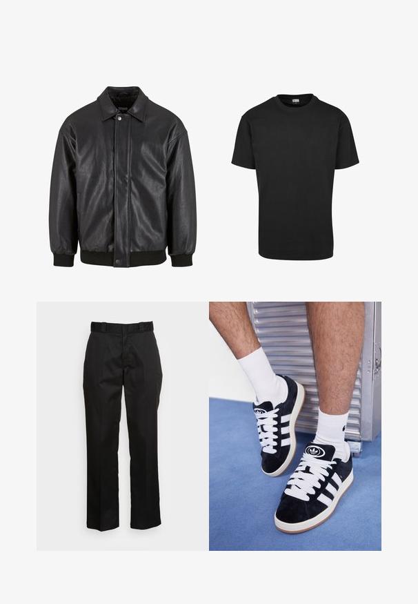 Must must jacket, mille kaela, ees näpu kinnitusega ja ribitud mansettidega. Sujuv tekstuur ja veidi lõdvem istuvus.; Must-valge puuvillane T-särk ümmarguse kaeluse, lühikeste varrukate ja sirge äärisega. Sile tekstuur; lihtne, ilma kaunistusteta disain.; Mustad püksid, mis on valmistatud siledast kangast, sirge säärega disainiga, vöökummide ja kahe külje taskuga. Klassikaline välimus ilma kaunistusteta.; Mustad nahkjalatsid valgete paelte ja kolme valge triibuga. Omab ümmargust musta logo keele peal ning kummist tallat.