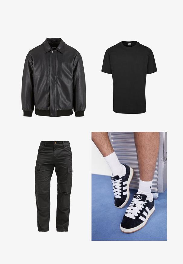 Sort læderjakke med krave, trykknaplukning foran og ribbede manchetter. Glat struktur med et let løst fit design.; Sort bomulds T-shirt med rund halsudskæring, korte ærmer og lige kant. Glat tekstur; enkel, udekoreret design.; Sort cargo bukser lavet af holdbart stof med flere sidelommer, knaplukning og lige ben. Har struktureret materiale.; Sorte ruskinds sneakers med hvide snørebånd og tre hvide striber. Har et rundt sort logo på tungen og en gummigummisål.