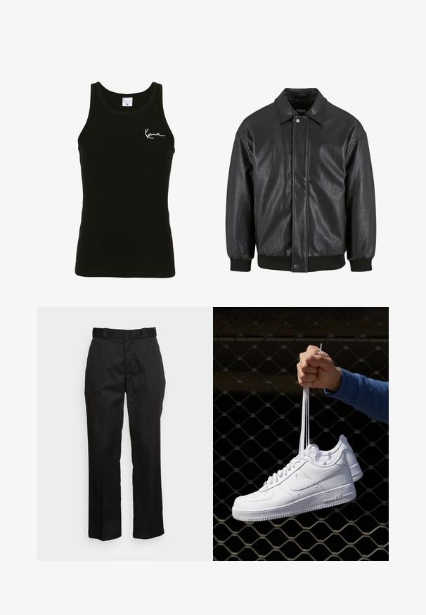 Črna usnjena jakna s ovratnikom, sprednjim zapiranjem na pritisni gumb in rebrastimi manšetami. Gladka tekstura z rahlo ohlapnim krojem.; Črn rebrast top z okroglim vratnim izrezom in ozkimi naramnicalami. Ima belo vezeno logo na levem prsnem delu.; Črne hlače iz gladkega materiala, s straight leg dizajnom, pasom za pas in dvema stranskima žepoma. Klasičen videz brez okrasnih elementov.; Bela usnjena športna obutev s perforacijami, okroglo konico, ravnim podplatom in debelimi vezalkami, z vidnim logotipom smoosh in napisom "AIR" na peti.