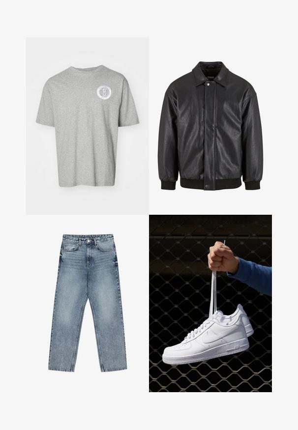 Must must jacket, mille kaela, ees näpu kinnitusega ja ribitud mansettidega. Sujuv tekstuur ja veidi lõdvem istuvus.; Hall hallide hall shirt, lühikeste varrukatega, ümmargune kaelus ja vasakul rinnal ringikujuline valge "Brooklyn Nets" logo.; Heledad sinine teksad sirge lõikega, nähtavate õmblustega, viie taskuga disain ja nupuga kinnitamine vööl.; Valged nahast tennisetossud, millel on perforatsioonid, ümar nina, lame tallus ja paksud nöörid, nähtava swooshi logoga ja "AIR" kontsadel.