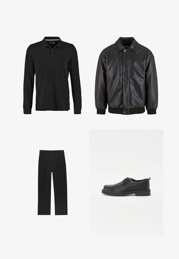 Schwarz Lederjacke mit Kragen, vorderer Druckknopfverschluss und gerippten Bündchen. Glatte Textur mit einem leicht lockeren Schnitt.; Schwarzes Langarm-Polohemd aus Baumwolle. Verfügt über eine Knopfleiste mit zwei Knöpfen, einen gerippten Kragen und ein dezentes Streifendetail unter dem Kragen.; Schwarze Hose mit geradem Schnitt, aus einem glatten Stoff gefertigt. Verfügt über Vorderfalten und einen einzelnen Knopfverschluss an der Taille.; Schwarze Lederschuhe mit runder Zehenform, strukturiertem Nähen, flachem Design und Gummisohle mit tiefem Profil für bessere Bodenhaftung.