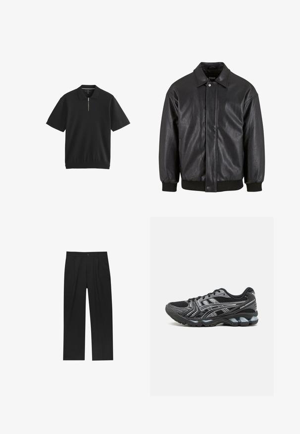 Svart läderjacka med krage, framknäppning och ribbade manschetter. Slät textur med något lös passform.; Next SHORT SLEEVE REGULAR FIT - Piké - black; Svarta byxor med rak ben-design, tillverkade av ett jämnt tyg. Har framfickor och en enkel knapplåsning i midjan.; Svart träningsskor med mesh-överkant, silverdetaljer och en dämpad sula. Har snörningsdesign och texturerat sula för grepp.