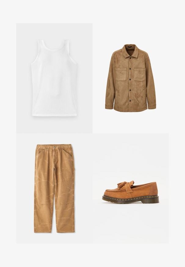 Calliope SHACKET - Giacca in similpelle - marron; Top tank bianco a coste con scollatura rotonda, privo di maniche e design aderente. Il tessuto presenta un discreto motivo verticale.; Pantaloni di cotone beige con una vestibilità ampia, caratterizzati da cuciture in evidenza, dettagli a toppe e una texture leggermente stropicciata.; Mocassini in suede marrone con un accento a fiocco nappato, dotati di punta arrotondata e suola spessa e rigata con dettagli di cucitura arancione.