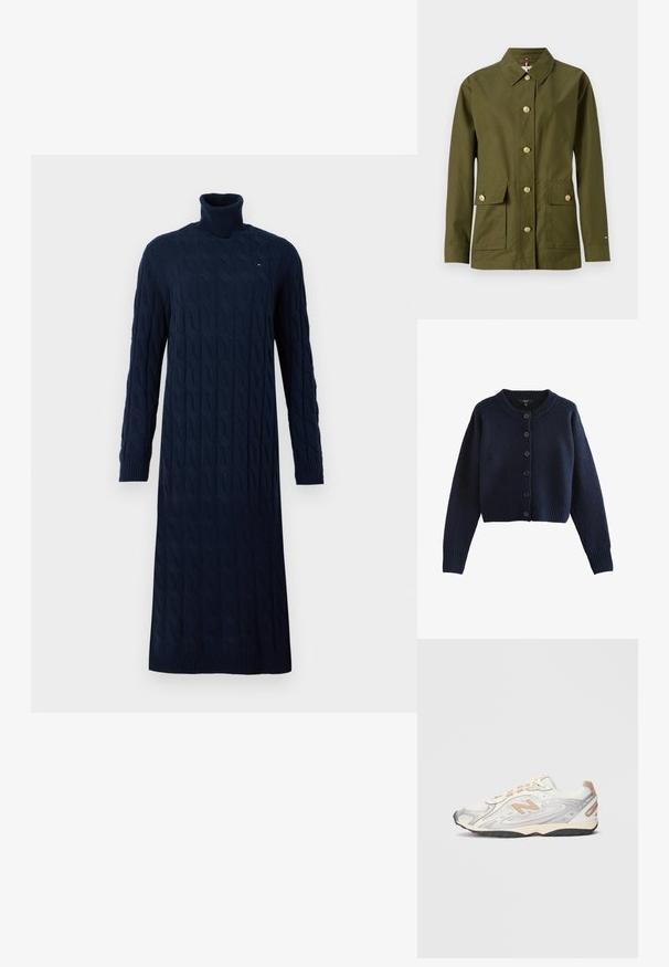 Oliivinvihreä takki, jossa on kaulus, seitsemän kultaa napin, kaksi etutaskua ja suora leikkaus. Valmistettu sileästä, kevyestä kankaasta.; Tummansininen neulecardigan pitkillä hihoilla, pyöreällä kaula-aukkolla, resoroiduilla hihansuilla ja helmoilla sekä kuudella etupainikkeella.; Laivastonsininen, pitkähihainen palmikkoneuleinen turtleneck-mekko, jossa on ribbikuvioiset hihat ja helma, ja joka esittelee pienen logon rinnassa.; Urheilukengät vaaleanharmaana hopea-yksityiskohdilla, verkkopäällinen, beige-yksityiskohtia ja musta kumipohja. Varustettu nauhoilla ja pehmustetulla nilkkaosuudella.