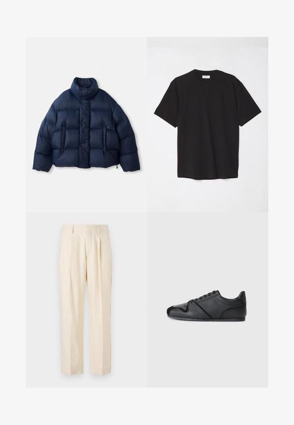 Casaco acolchoado azul-marinho com gola alta, botões de pressão na frente, acolchoado horizontal e dois bolsos frontais, exibido sobre fundo branco.; T-shirt de algodão preto com decote redondo, mangas curtas e um corte descontraído. Design simples, textura suave e sem padrões ou logótipos visíveis.; NN.07 KAY - Calças - off white; Sapatilhas pretas de desporto com um cabedal em pele lisa, pormenores texturizados subtis e uma biqueira em camurça preta contrastante. Possui uma sola em borracha.