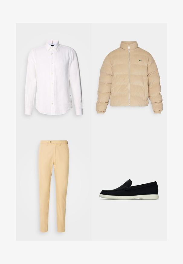 Smėlinis švarkas su pūku, aukštu apykakle, užtrauktuku ir raštuotais rankogaliais. Turi siuvinėtą logotipą ir ketvirčio raštą.; Balta lininė marškinė su ilgomis rankovėmis, sagstomais priekyje ir subtiliu logotipu ant krūtinės. Yra struktūruotas apykaklė ir išlenktas kraštas.; Šviesiai rudos medvilninės kelnės tiesiu kirpimu, su mygtuko uždarymu, diržo kilpomis ir šoninėmis kišenėmis. Lygus paviršius, be raštų.; Juodas slip-on avalynė su apvaliu pirštu, turintis tekstūruotą paviršių, lygią baltą platformą ir subtilų prekės ženklą šone.