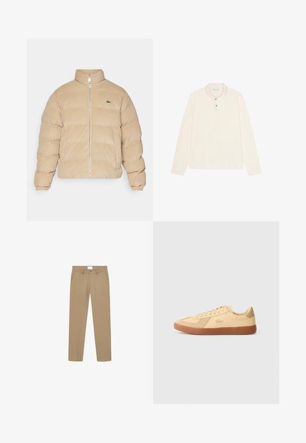 Beige kordbársonyos pufikabát magas gallérral, cipzáras záródással és bordázott mandzsettákkal. Steppelt mintázattal és egy kis hímzett logóval rendelkezik.; Hosszú ujjú pólókrém színben, lapos gallérral, háromgombos gombolással, arany színű gombokkal, valamint puha, texturált anyagból.; Bézs nadrág sima textúrával, egyenes szárú dizájnnal, elülső zsebekkel és gombos zárással. Címke látható a derekán.; Pale sárga bőr Lacoste sportcipők, gumi talppal, fűzős kialakítással és ikonikus logóval. Velúr díszítések a lábujjon és a sarkon.