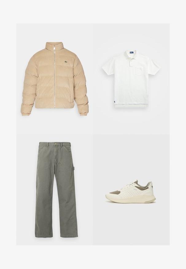 Bež puffer jakna iz kordure z visokim ovratnikom, zadrgo in rebrastimi manšetami. Ima qaširano vzorčenje in majhno izvezeno logotip.; Bela polo majica iz bombaža, z klasičnim ovratnikom, trojnim gumbom in žepom na levi strani prsnega predela; majhna blagovna znamka na robu.; Tovorne hlače olivno zelene barve, izdelane iz bombažnega mešanca. Imajo raven kroj nogavic, stranski žep za tovor in zapiranje z metalnim gumbom.; Beli in svetlo bež športni copat, s mrežastim zgornjim delom, perforiranimi detajli in teksturirano srednjim delom z blagovno znamko na peti.