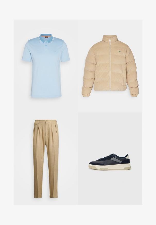 Casaco puffer de corduroy bege com gola alta, fecho de zip e punhos canelados. Apresenta um padrão acolchoado e um pequeno logótipo bordado.; BOSS PEOXFORDNEW - Polo - open blue; Calças de linho bege com corte reto, apresentando dois plissados frontais, fecho com botão e bolsos laterais. Tecido texturizado com um acabamento suave.; BOSS BALTIMORE - Sapatilhas - open blue
