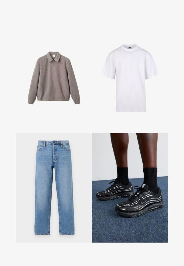 Harmaa vetoketjullinen takki, jossa on kaulus ja sivutaskut, sileä rakenne ja elastinen helma, valmistettu pehmeästä kangasmateriaalista.; Valkoinen puuvillapaita, jossa on pyöreä kaula-aukko, lyhyet hihat ja rento leikkaus. Ominaisuuksina yksinkertainen muotoilu ilman kuvioita tai yksityiskohtia.; Vaaleansiniset farkut suoran lahkeiden muotoilulla, varustettuna nappi- ja vetoketjukiinnityksellä, viidellä taskulla ja hillityllä kulumisella.; Mustat Nike-kengät, joissa on verkkomateriaali ja korostetut raidat, teksturoitu nauhoitus ja musta kumipohja. Yhdistetty mustiin ribbikurottimiin.