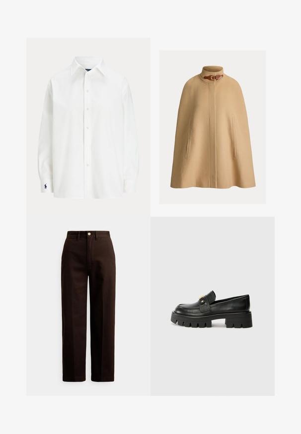 Beige wool cape with a high collar, buckle detail, and two side pockets. Smooth texture and straight, knee-length cut.; White button-up shirt with long sleeves, classic collar, and a small blue logo on the cuff. Smooth cotton fabric, structured fit.; Dark brown straight-leg pants with button and zipper closure, belt loops, and front pockets against a white background.; Black leather loafers with a chunky sole, featuring a gold-tone accent on the front and a smooth finish. Chunky tread design on the sole.