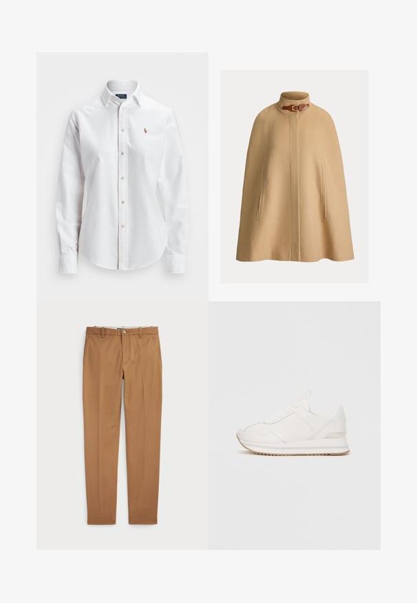 Capa de lã bege com gola alta, detalhe de fivela e dois bolsos laterais. Textura suave e corte reto até ao joelho.; Camisa de botão de manga longa branca feita de algodão, com um colarinho clássico e um pequeno logótipo bordado no peito.; Calças de algodão castanhas com um design slim-fit, frente lisa e bolsos standard; textura suave e bainhas com acabamento.; Sapatilha branca de cano baixo com atacadores, sola acolchoada e sola de borracha bege, contra um fundo simples.