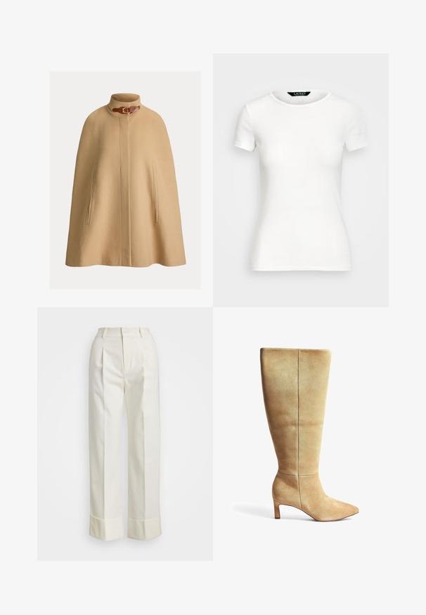 Bēšs vilnas apmetnis ar augstu apkakli, sprādzes detaļu un divām sānu kabatām. Gluda tekstūra un taisna, līdz ceļgaliem garuma piegriezums.; Balts kokvilnas T-krekls ar īsām piedurknēm, apaļu kaklu, pieguļošu dizainu un gludu tekstūru. Logo birka pie kakla.; Baltas, piegriezts bikses ar augstu jostu, dubultām priekšējām krokām un platajām kājām ar salocītām malām. Izgatavotas no gludas, strukturētas auduma.; Bežīgi zamšādas līdz ceļiem augsti zābaki ar vērstu purngalu un blokveida papēdi. Gluda faktūra, minimālistisks dizains un vertikāla šuvju detaļa uz zābaka kājas.