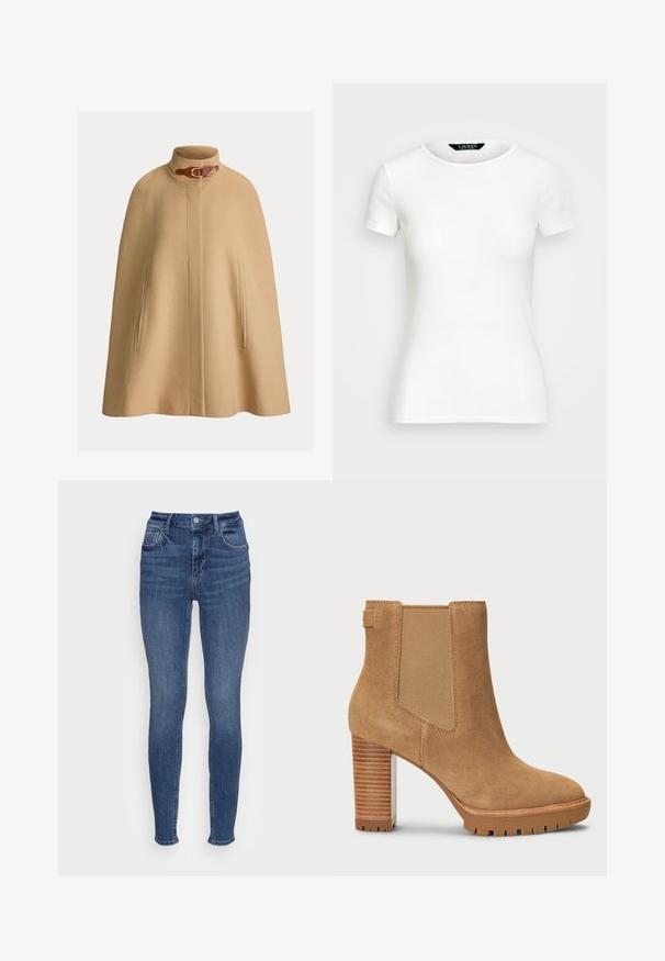Capa de lã bege com gola alta, detalhe de fivela e dois bolsos laterais. Textura suave e corte reto até ao joelho.; T-shirt branco de algodão com mangas curtas, gola redonda, design ajustado e textura suave. Etiqueta do logotipo na gola.; Liu Jo Jeans UP DIVINE - Calças de ganga de corte skinny - denim blue; Botim de tornozelo em camurça castanha com salto bloco, painel lateral elástico e sola de borracha com padrão de ranhura para melhor aderência.