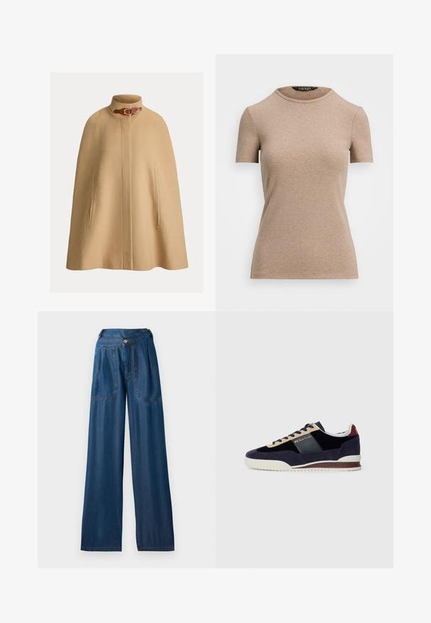Beige gyapjú köpeny magas gallérral, csattal és két oldalsó zsebbel. Sima textúra és egyenes, térd hosszúságú szabás.; Lauren Ralph Lauren STRETCH COTTON CREWNECK TEE - Basic póló - adirondack heather; Sötétkék, bő szárú farmernadrág, két elülső zsebbel, gombos záródással és kontrasztos narancssárga varrási részletekkel.; Tengerészkék nubuk sportcipő bézs és sötétkék akcentusokkal. Fehér gumitalppal és arany logóval az oldalon. Klasszikus sportos dizájn.