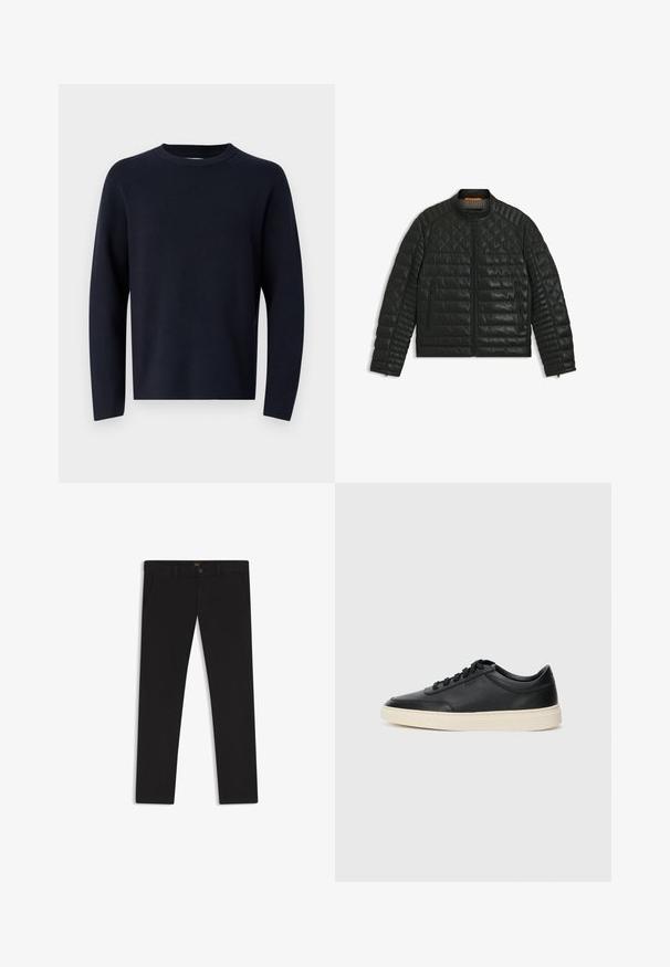 Sort læder quilted jakke med højt krave, lynlås fortil og to sidelommer. Har et tekstureret diamantmønster på skuldrene og ærmerne.; Marinblå sweater, rund halsudskæring, lange ærmer, lavet af blødt stof med en glat tekstur. Enkelt design, ingen synlige mønstre eller hardware.; Sorte bukser lavet af stof med en glat tekstur. Har en knaplukning, bæltestropper og sidelommer. Standard design med lige ben.; Sort lavt top lædersneaker med sorte snørebånd og off-white sål vist i sideprofil på hvid baggrund.