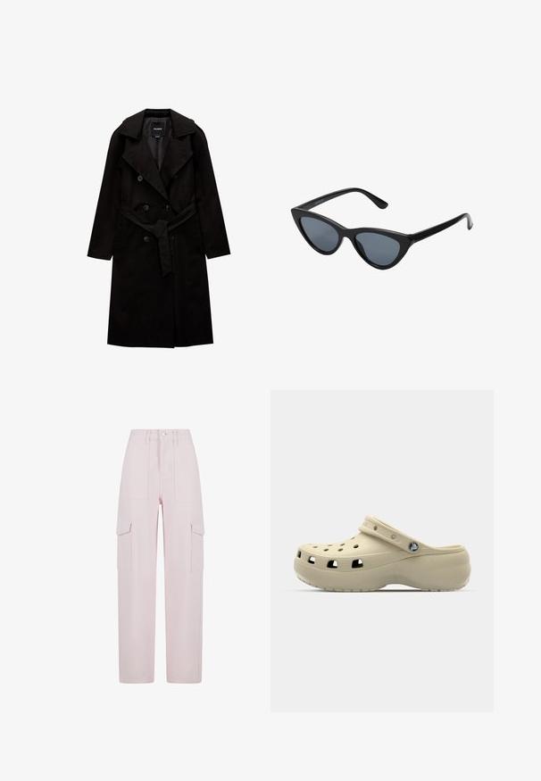 PULL&BEAR - Prochowiec; Dwie bezrękawnikowe, prążkowane bluzki z golfem w kolorze brązowym i czarnym, prezentowane na jednolitym białym tle.; Różowe spodnie cargo o luźnym kroju, z dwoma bocznymi kieszeniami z klapami i zapięciem na guziki w talii. Wykonane z solidnego materiału o gładkiej teksturze.; Beżowe klapki wykonane z lekkiego materiału z otworami wentylacyjnymi, paskiem z tyłu i teksturowaną podeszwą zapewniającą przyczepność.; Czarne okulary przeciwsłoneczne w kształcie kocich oczu z ciemnoszarymi soczewkami, smukłym plastikowym oprawie, spiczastymi rogami i prostymi zausznikami. Brak widocznych elementów metalowych lub akcentów.