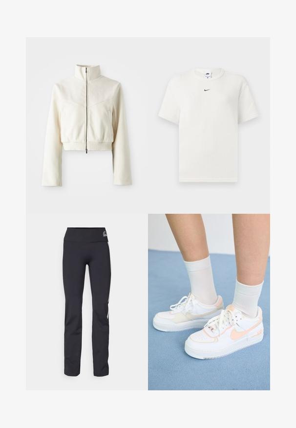 Kratka kreme barve flisasta jakna z visokim ovratnikom, sprednjim zadrgo, rebrastim robom in diskretnim logotipom na prsih; gladka tekstura in sodoben dizajn.; Bela rebrasta majica s okruglim izrezom i kratkimi rukavi. Ima mali crni Nike logo na prsima. Tekstilirani materijal s prilagođenim oblikom.; Črne elastične hlače iz tkanine z visokim pasom, ki imajo diskretno logo in kontrastne stranske črte. Gladka tekstura, prilagojen kroj.; Bele tenevke z breskevimi poudarki, gladka usnjena zgornja površina, perforiran prst, teksturiran podplat in vezalke. Uporabljene z belimi nogavicami na modri površini.