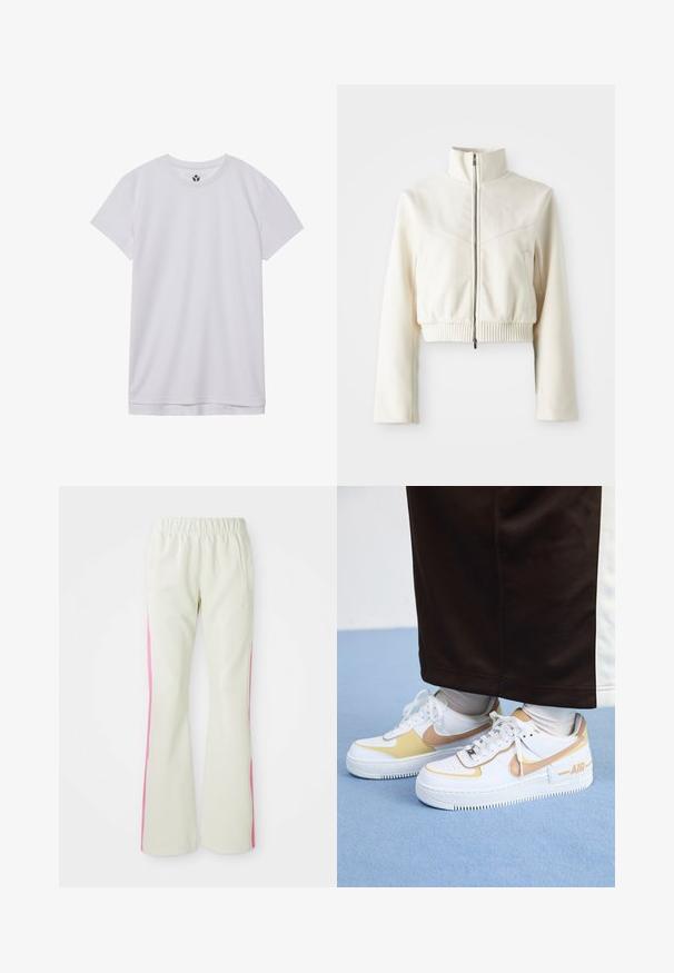 Korte crèmekleurige fleecejas met hoge kraag, voorrits, geribde zoom en subtiele logo op de borst; gladde textuur en modern ontwerp.; Witte t-shirt met korte mouwen en een ronde hals. Gemaakt van zachte stof, met een rechte zoom, minimale naden en een klein logo op de hals.; Lichtbeige broek met een elastische tailleband, voorzien van roze zijpanelen en zijzakken. Gladde textuur met een recht gesneden pasvorm.; Witte leren sneakers met gouden accenten, voorzien van een geperforeerde neus, platte veters en een dikke rubberen zool met het "AIR"-logo aan de zijkant.