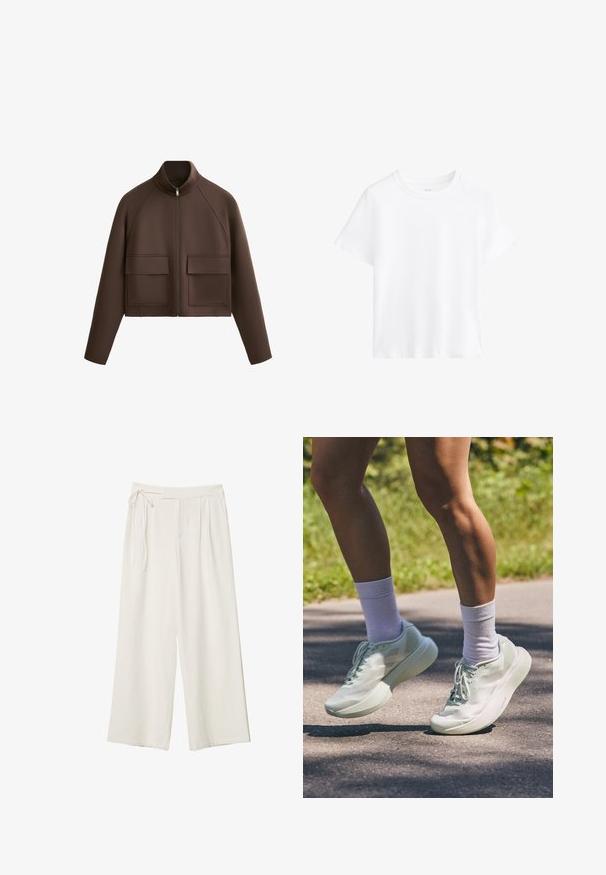Brązowa krótka kurtka wykonana z gładkiego materiału, z wysokim kołnierzem, zamek błyskawiczny z przodu oraz dwiema dużymi kieszeniami naszytymi z przodu.; Biała bawełniana koszulka, krótki rękaw, okrągły dekolt, luźny krój, gładka faktura, bez wzorów ani akcentów, prosty fason, uniwersalny styl.; Spodnie o szerokich nogawkach w off-white z gładkiego materiału. Posiadają wiązany pas i plisowany przód, zaprojektowane z myślą o luźnym kroju.; Jasno miętowe buty sportowe o gładkiej teksturze, zaokrąglonym nosku i grubej podeszwie. W połączeniu z białymi skarpetkami do kostek, pokazane w ruchu na ścieżce.