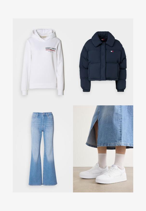 Giacca puffa navy con design cropped, caratterizzata da un grande colletto, bottoni frontali e un piccolo logo con accenti rossi e bianchi sul petto.; Felpa bianca realizzata in tessuto morbido, caratterizzata da un logo frontale con "GANT 1949" e accenti a strisce rosse/blu, con maniche lunghe e cappuccio con coulisse.; Jeans in denim blu chiaro a gamba ampia con vita alta, dotati di chiusura con bottone e passanti per cintura. Texture liscia e finitura sbiadita verso le gambe.; Sneakers bianchi in pelle texture, con suola platform, punta rotonda e sistema di lacci; abbinati a calze corte grigie e una gonna di jeans.