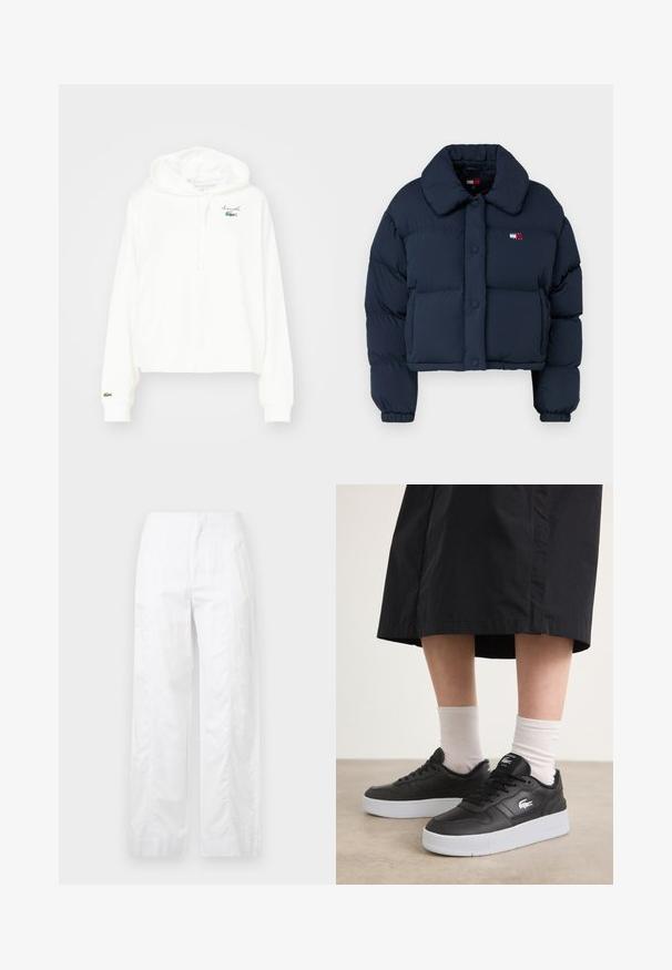 Tengerészkék puffos dzseki, rövidített fazonban, nagy gallérral, elöl gombokkal és egy kis logóval, piros és fehér részletekkel a mellkasán.; Fehér pulóver, puha pamutból készült, kenguruzsebbel, húzózsinóros kapucnival, és egy kis zöld krokodil logóval a mellkason.; Fehér, széles szárú nadrág könnyű anyagból, sima textúrával, letisztult vonalakkal és magasderék kialakítással.; Fekete bőr sportcipők fehér gumitalppal, oldalukon logóval, kerek orral és fekete fűzőkkel. Fehér zoknival viselve.