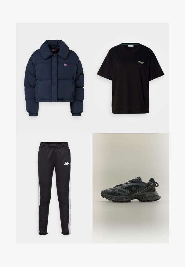 Temno modra puhovka s skrajšanim dizajnom, ki ima velik ovratnik, sprednje gumbe in majhno oznako s rdečimi in belimi detajli na prsih.; Črna bombažna majica s kratkimi rokavi, ki ima majhen zeleni logotip na levem prsnem delu. Klasičen kroj okrogle vratu, sproščen fit.; Črne atletske hlače z belimi stranskimi črtami, elastičnim pasom in majhnim belim logotipom na sprednjem levem kolku. Gladka tekstura, prilegajoča zasnova.; Črne atletske čevlje z mrežno in sintetično oblogo, ergonomska zasnova, teksturiran podplat in odsevni detajli. Stranski pogled s vidnimi vezalkami.