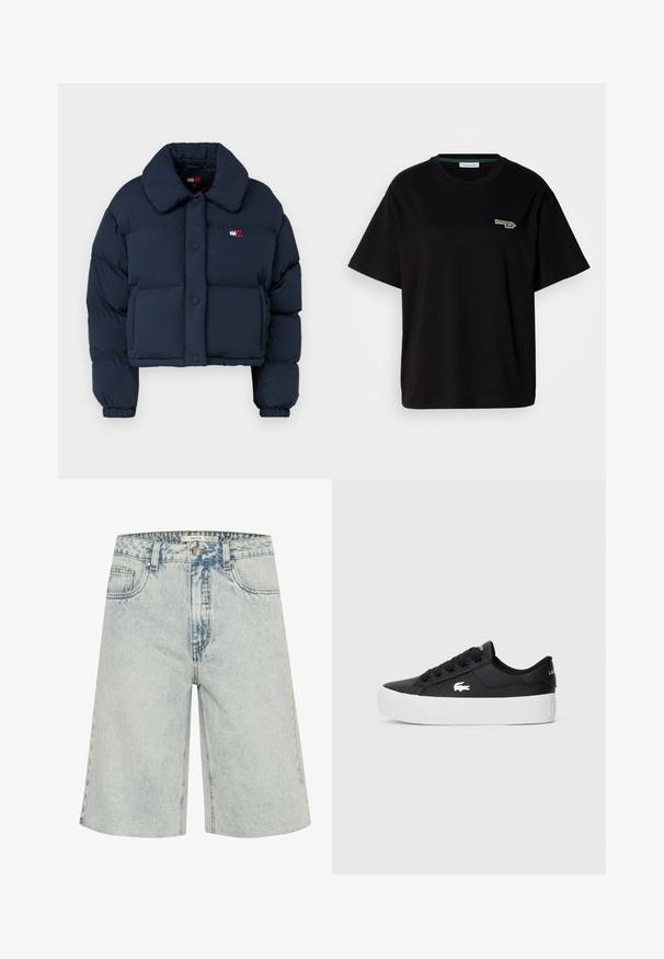 Ναυτικό εφαρμοστό μπουφάν με κοντό σχέδιο, διαθέτει μεγάλο γιακά, μπροστινά κουμπιά και ένα μικρό λογότυπο με κόκκινες και λευκές λεπτομέρειες στο στήθος.; Μαύρη βαμβακερή μπλούζα κοντό μανίκι, με μικρό πράσινο λογότυπο στο αριστερό στήθος. Κλασικό στρογγυλό λαιμόκομμα, χαλαρή γραμμή.; Ανοιχτό μπλε τζιν σορτσάκια με χαλαρή εφαρμογή, κλασική σχεδίαση πέντε τσεπών και ορατές ραφές. Διακοσμητικές φθορές σε όλη την επιφάνεια.; Μαύρα αθλητικά παπούτσια χαμηλού τύπου κατασκευασμένα από συνθετικό υλικό, με λευκή ελαστική σόλα, μαύρες κορδόνες και ένα μικρό λευκό λογότυπο στο πλάι.