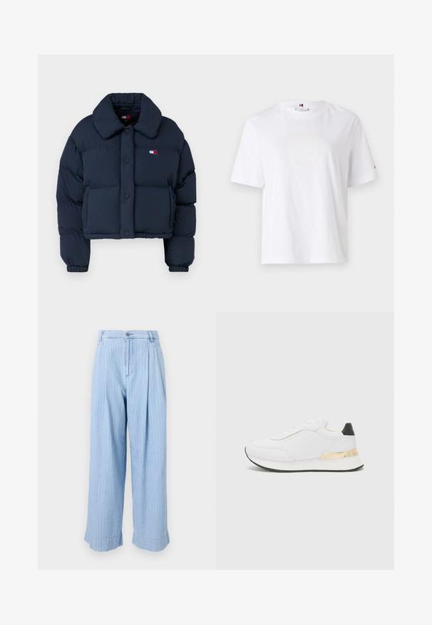 Jūras spēku pūkaina jaka ar īsu dizainu, lielu apkakli, priekšējiem pogām un mazu logotipu ar sarkaniem un baltajiem akcentiem uz krūšu.; Balts kokvilnas T-krekls ar apaļu kaklu, īsām piedurknēm un smalku dzeltenu logo dizainu, kas lasa "HILFIGER NEW YORK 1985". Standarta izgriezums.; Gaiši zili džinsu bikses ar vertikālām baltām svītrām, plecu priekšpusi, platām kājām un sarullētām malām. Tipiska džinsu pogas un rāvējslēdzēja aizdare.; Baltas sporta apavs ar gludu virsmu, ar melnu papēža akcentu un zeltītu metāla detaļu uz vidus zoles. Saista dizains, gumijas zole.