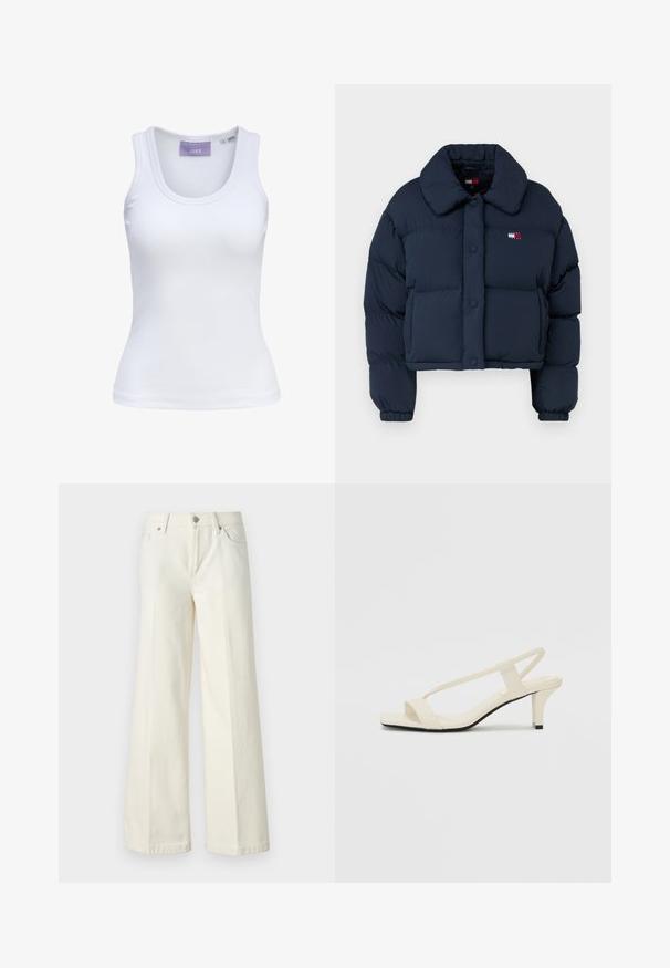 Tengerészkék puffos dzseki, rövidített fazonban, nagy gallérral, elöl gombokkal és egy kis logóval, piros és fehér részletekkel a mellkasán.; Fehér bordázott ujjatlan felső, kerek nyakkivágással és keskeny vállpántokkal. A nyakkivágásnál világoslila címke. Méretcímke látható.; Bőszárú fehér farmernadrág pamut keverék anyagból. Cipzáras záródással, öt zsebes kialakítással és varrással a varratok mentén.; Beige színű, blokksarkú szandálok vékony pántokkal és négyzet alakú orral. Simább anyag, minimális részletezéssel, amely könnyű viselésre lett tervezve.