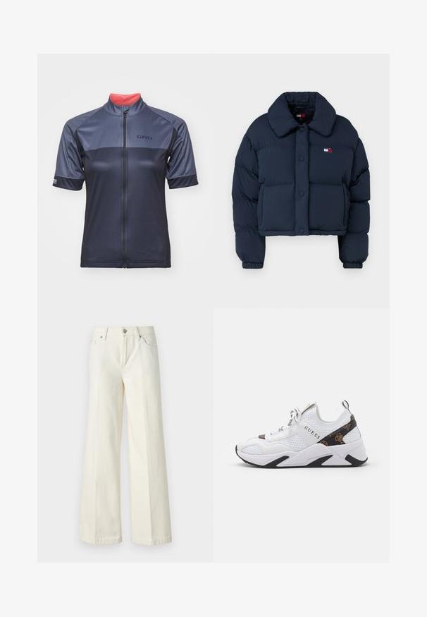 Jachetă puffer bleu cu un design scurt, având un guler mare, nasturi pe față și un mic logo cu accente roșii și albe pe piept.; Tricou de ciclism pentru bărbați, de culoare bleumarin închis, cu mâneci scurte, fermoar complet pe față și guler interior în contrast de culoare coraliu. Logo-ul mărcii se află pe piept.; Blugi albi evazați dintr-o țesătură din bumbac. Prezintă un fermoar la braguă, un design cu cinci buzunare și cusături de-a lungul cusăturilor.; Adidași albi din materiale sintetice și plasă, cu accente negre și maro, laturi texturate și un logo proeminent. Talpă din cauciuc.