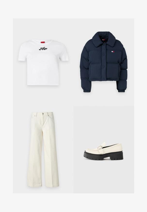 Námornícky prešívaný kabát so skráteným strihom, ktorý má veľký golier, predné gombíky a malé logo s červenými a bielymi akcentmi na hrudi.; Biele bavlnené tričko s krátkym rukávom, s oble šitým výstrihom a čiernym nápisom "Hugo" v strede. Hladká textúra, jednoduchý dizajn.; Biele džínsy s širokými nohavicami vyrobené z bavlnenej zmesi. Majú zips, päť vreciek a švy so zafarbením.; Biele kožené mokasíny s robustnou čiernou platformou, zdobené obdĺžnikovou striebornou prackou a viditeľným šitím na vrchnej časti.