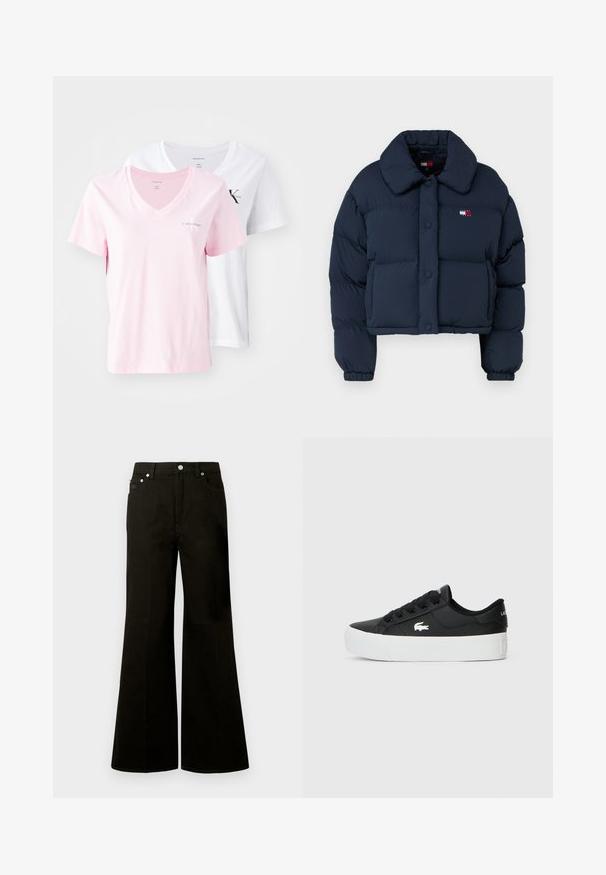 Navy puffer jacket with a cropped design, featuring a large collar, front buttons, and a small logo with red and white accents on the chest.; Two V-neck T-shirts, one pink and one white, featuring short sleeves and a minimalist logo on the chest in contrasting colors.; Black high-waist wide-leg jeans with front button and zipper, belt loops, and five pockets including a small coin pocket.; Black low-top sneaker made of synthetic material, featuring a white rubber sole, black laces, and a small white logo on the side.