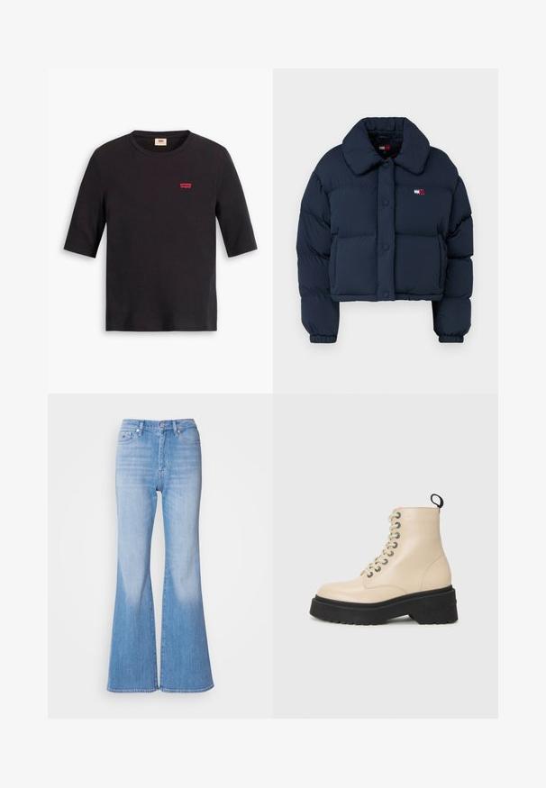 Granatowa kurtka puchowa o kroju krótki, z dużym kołnierzem, guzikiem z przodu oraz małym logo z czerwonymi i białymi akcentami na klatce piersiowej.; Czarny bawełniany T-shirt z okrągłym dekoltem i krótkimi rękawami. Posiada małe czerwone logo Levi's na piersi. Miękka faktura.; Jasnoniebieskie dżinsy z rozszerzanymi nogawkami i wysokim stanem, z zapięciem na guzik i szlufkami na pasek. Gładka tekstura i wyblakłe wykończenie wzdłuż nóg.; Beżowe botki za kostkę z masywną czarną podeszwą i sznurowaniem na oczka, z pętelką z tyłu i logo z boku.