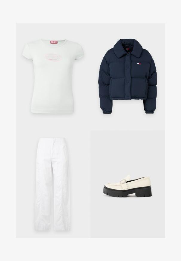 Jachetă puffer bleu cu un design scurt, având un guler mare, nasturi pe față și un mic logo cu accente roșii și albe pe piept.; Tricou scurt cu mâneci scurte de culoare verde deschis, realizat din bumbac moale; are un logo oval brodat de culoare roz pe piept; decolteu rotund.; Pantaloni albi cu croială largă, fabricați dintr-un material ușor, având o textură netedă, linii curate și un design cu talie înaltă.; Lofer alb din piele, cu o talpă platformă masivă neagră, având o cataramă rectangulară din argint și detalii vizibile de cusătură pe partea superioară.