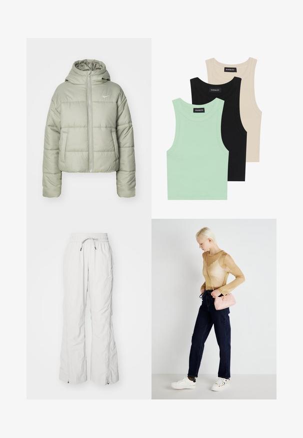 Padded, cropped jacket in light green with a hood. Features two front pockets and a zip closure. Reflective Nike logo on the left chest.; Three tank tops in mint green, black, and beige; made of ribbed fabric with a round neckline and no sleeves. Brand label visible.; Light grey cargo pants made of textured fabric, featuring an elastic waistband with drawstring, side pockets, and zippers at the ankles.; Sheer gold long-sleeve top paired with dark blue straight-leg jeans. Carrying a small pink quilted purse with a chain strap and white sneakers.