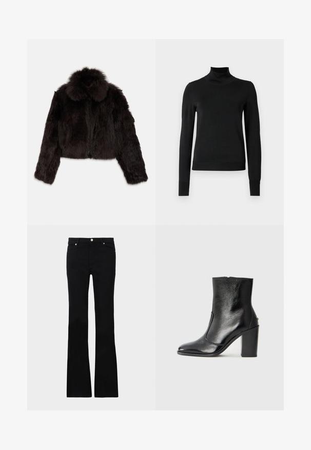 Donkerbruin nepbont cropped jack met een ronde kraag, ritsafsluiting en een gestructureerd oppervlak. Heeft lange mouwen en pluizige accenten.; Zwarte trui met lange mouwen en col, voorzien van geribde manchetten en zoom, weergegeven op een effen witte achtergrond.; Zwarte flared jeans van denim, met twee voorzakken, een knoopsluiting en een gladde textuur. Kenmerkende stiksels zichtbaar bij de naden.; Zwarte leren enkelboot met een gladde textuur, spitse neus en een gedurfde hoge hak. Beschikt over een zijopening en een minimalistisch ontwerp.