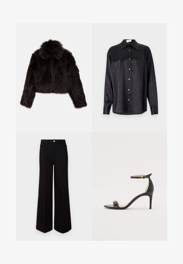 Mørkebrun faux fur cropped jakke med rund krave, lynlås lukning og tekstureret overflade. Har lange ærmer og fluffy detaljer.; Sort langærmet skjorte med krave, der har en krøllet tekstur, fuld knaplukning foran og manchetter. Lavet af et glat stof.; Sorte vide ben-jeans lavet af robust stof, med høj talje, forlommer og en frontal knaplukning. Flad kant i bunden.; Sort læder højhælede sandaler med ankelrem. Har en glat tekstur, åben tå og en tynd hæl. Guldtonet spænde detalje.