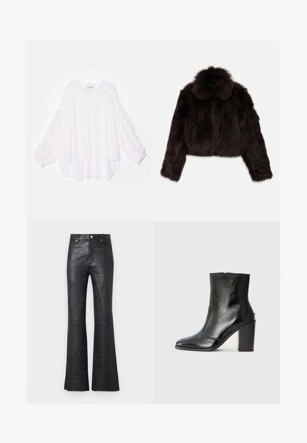 Sötétbarna műszőrme cropped dzseki, kerek gallérral, cipzáras záródással és texturált felülettel. Hosszú ujjakkal és bolyhos részletekkel rendelkezik.; Fehér blúz laza, réteges kialakítással. Hosszú, buggyos ujjakkal és textúrált díszítéssel a nyakon és az alján. Puha anyag.; Fekete bőr, harangszabású nadrág, amely ráncos textúrájú, magas derekú, elülső zsebekkel és klasszikus gombos zárással, cipzárral.; Fekete bőr bokacipő sima textúrával, hegyes orral és vastag, magas sarkával. Oldalnyílással és minimalista dizájnnal rendelkezik.