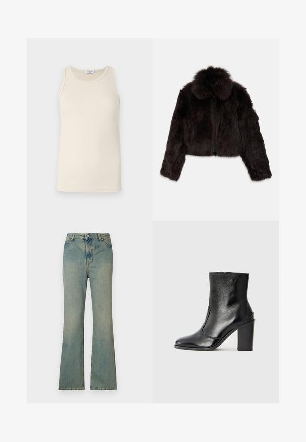Giacca cropped in pelliccia sintetica marrone scuro con colletto tondo, chiusura con zip e superficie testurizzata. Presenta maniche lunghe e dettagli soffici.; Filippa K TANK - Top - dusty beige; Jeans a zampa di elefante in denim azzurro chiaro con vita alta, cinque tasche e chiusura con zip. Finitura pulita e sbiadita con dettagli di cucitura sottili.; Stivale alla caviglia in pelle nera, con una superficie liscia, punta affilata e tacco alto e massiccio. Presenta una apertura laterale e un design minimalista.
