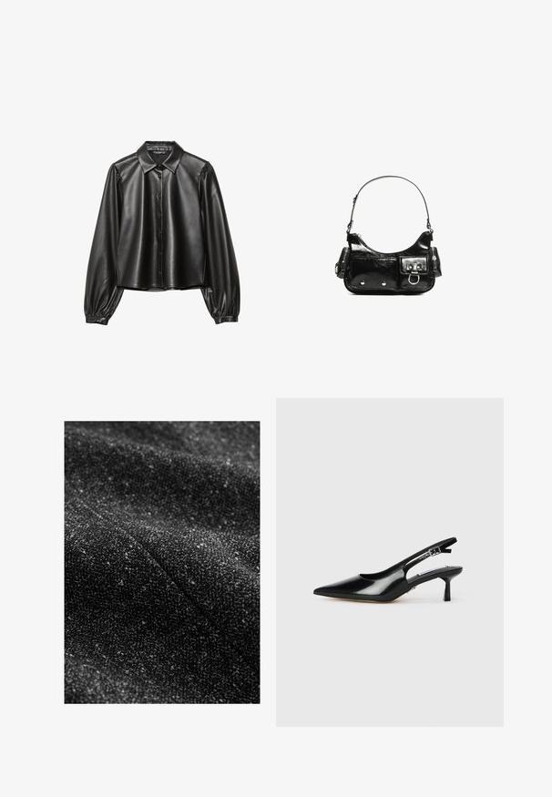 Sort fx læderskjorte med knaplukning foran, spids krave og puffede lange ærmer. Glat tekstur, cropped design og minimalistisk stil.; Sort langærmet skjorte lavet af glat stof, med en spidse krave, frontlukning med knapper og en cropped kant med sidelæg.; Sort tekstureret stof med indvævede lysere striber, der viser et blødt, vævet udseende og et subtilt, varieret mønster.; Sorte patenterede slingback hæle med spids tå, tynd hæl og justerbar spænde-rem. Glat tekstur med minimal udsmykning.; Sort patenteret læder håndtaske med en buet form, en skulderrem, frontlommer og hardware accenter i sølvfarve.